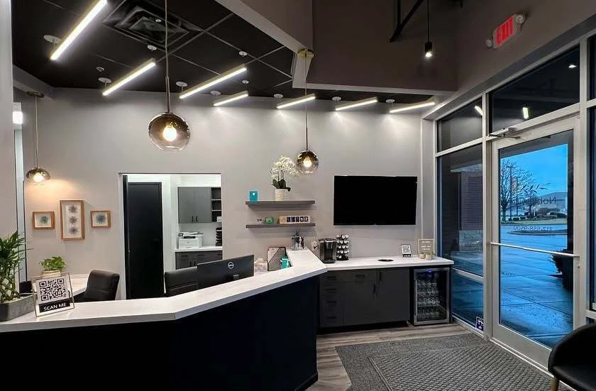 Front reception counter and lobby at Noblesville Smile Center